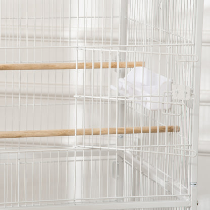PawHut 52" Large Rolling Steel Bird Cage Bird House with Rolling Stand, Storage Shelf, Wood Perch, Food Container, White