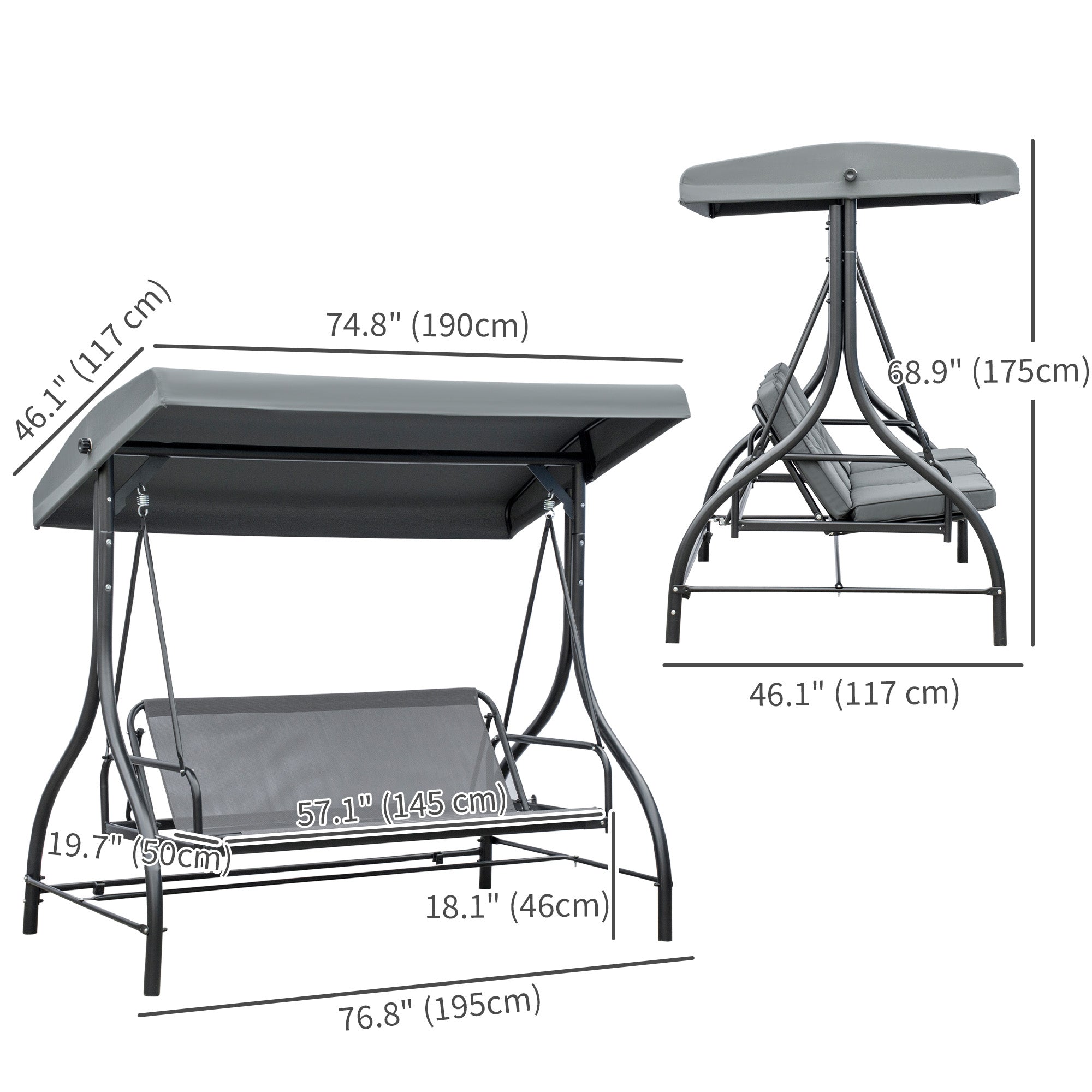 Outsunny Convertible Patio Swing Bed with Canopy and Cushions, 3 Seater Porch Swing for Outdoor, Backyard, Garden, Dark Grey