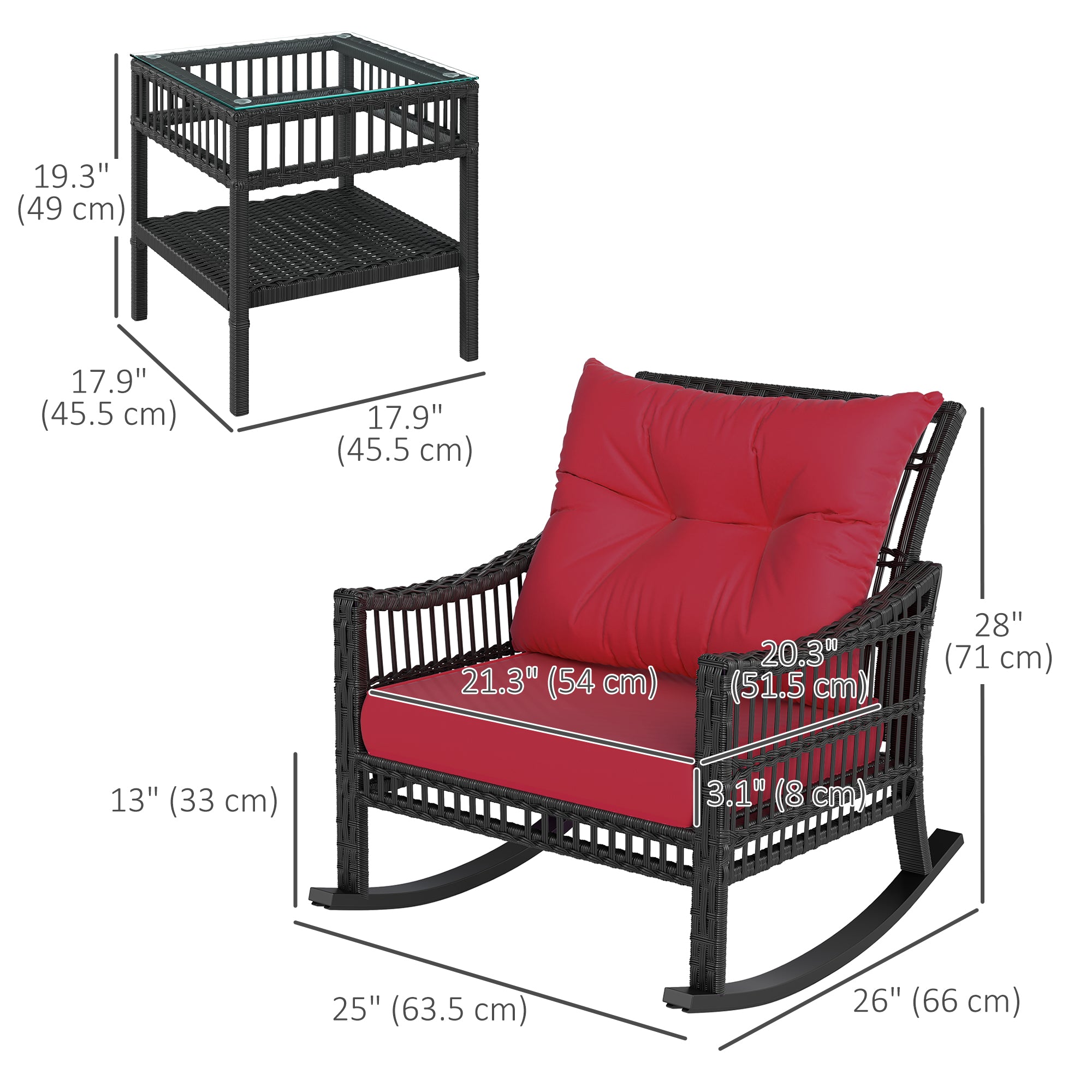 Outsunny 3 Pieces Outdoor PE Rattan Rocker Chair Set, Rocking Chair with Tempered Glass Table Top, 25"x26"x28", Red