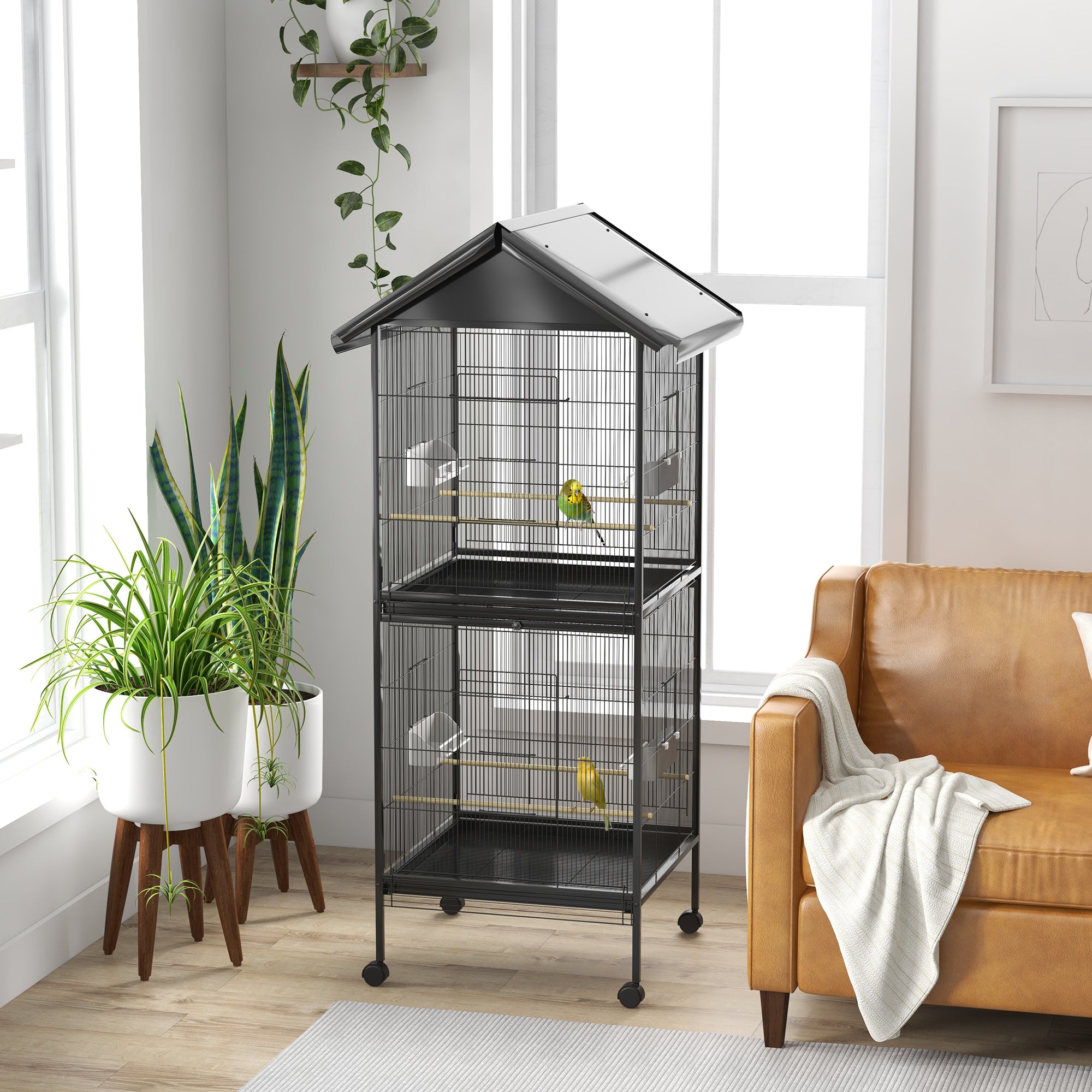 PawHut Wrought Metal Bird Cage Feeder with Rolling Stand Perches Food Containers Doors Wheels 67" H, Black