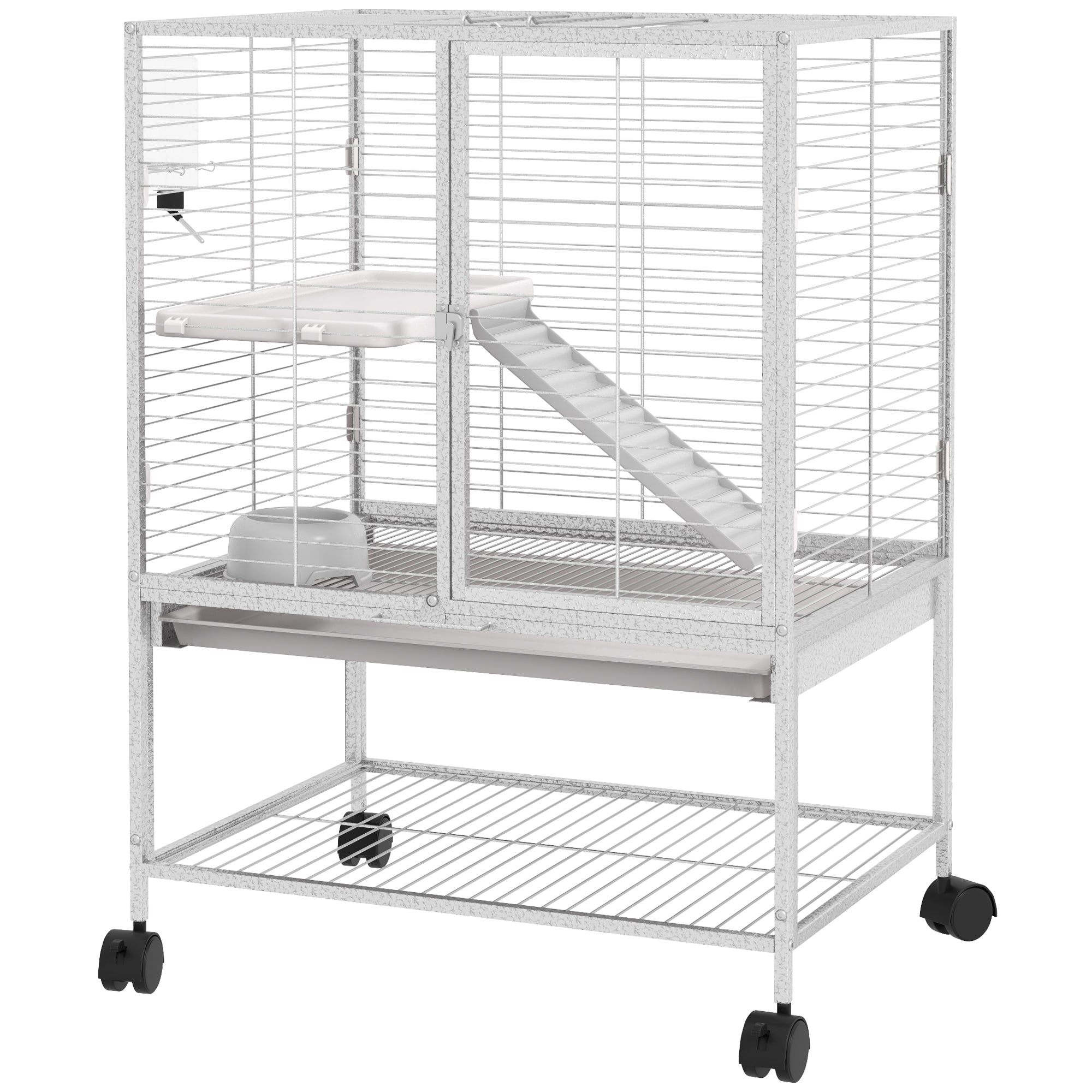 PawHut Rolling Small Animal Cage 34"H Chinchilla Cage for Ferrets, Squirrels w/ Removable Tray, Storage Shelf, Black