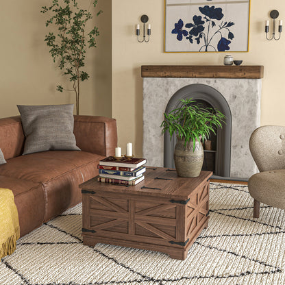 HOMCOM Farmhouse Coffee Table, Square Center Table with Flip-top Lids, Hidden Storage Compartment, Brown