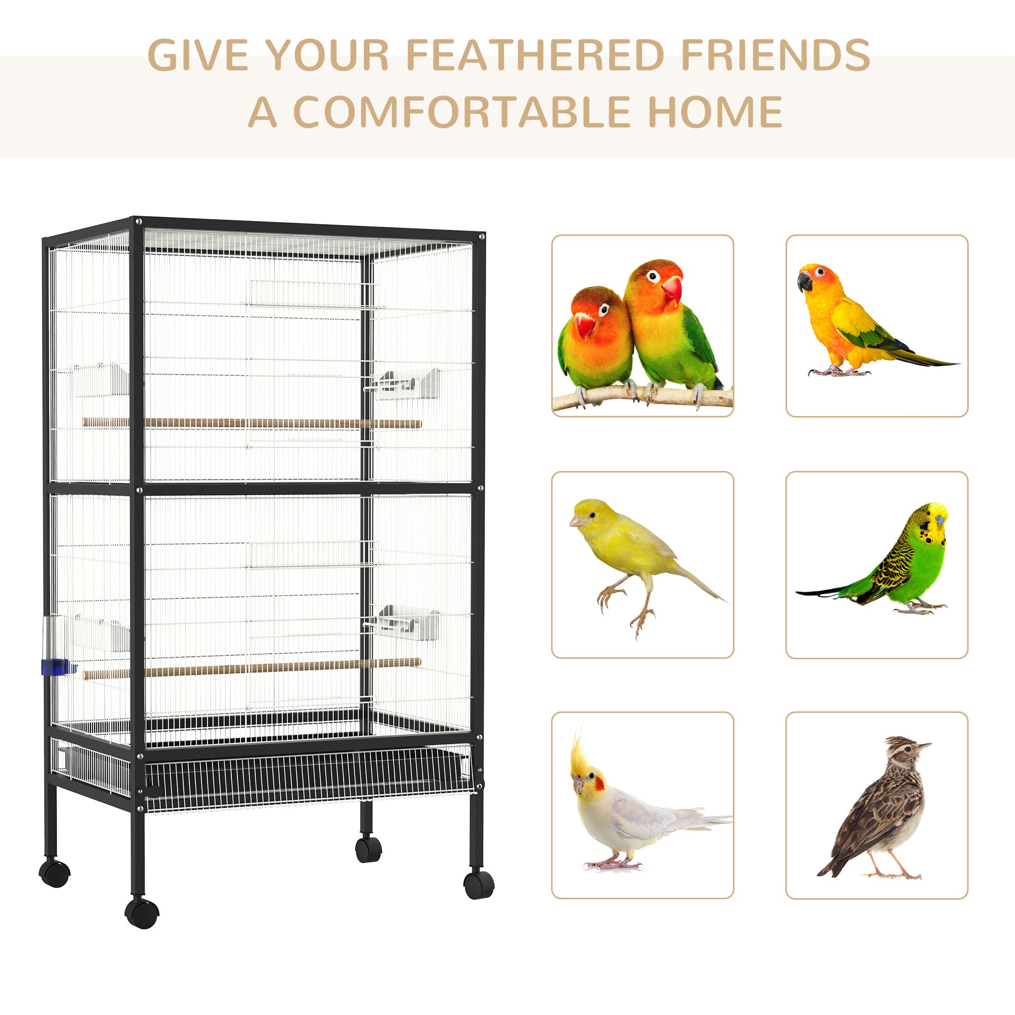 PawHut Bird Cage Conure Parrot Budgie Cage with Bird Perch & Wheels, Black and White