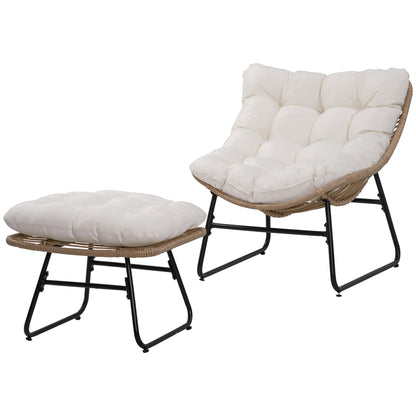 Outsunny Rattan Chair w/ Stool, Cushion, Adjustable Foot Pads, Natural