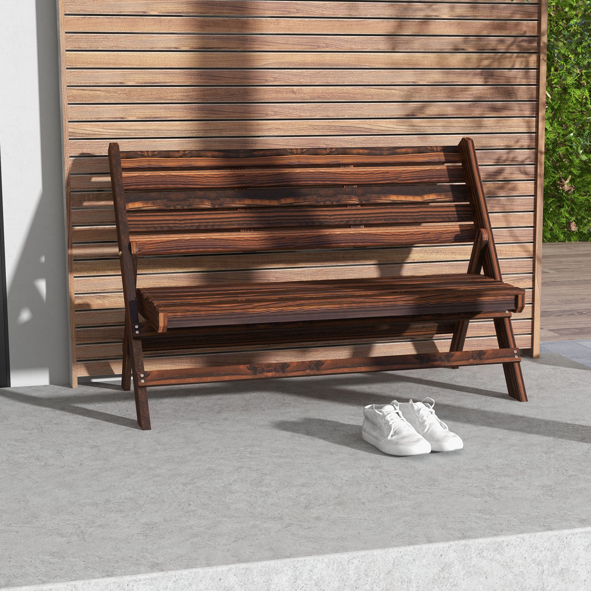 Outsunny 2-Seater Wooden Outdoor Bench, Foldable Garden Bench with Slatted Backrest and Seat, Patio Loveseat, Carbonised Finish