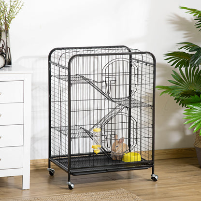 PawHut Rolling Small Animal Cage 36.6" Pet Rabbit Ferret Playpen, Animal Supply Kit Metal Black for Bunny, Pet Mink, Chinchilla