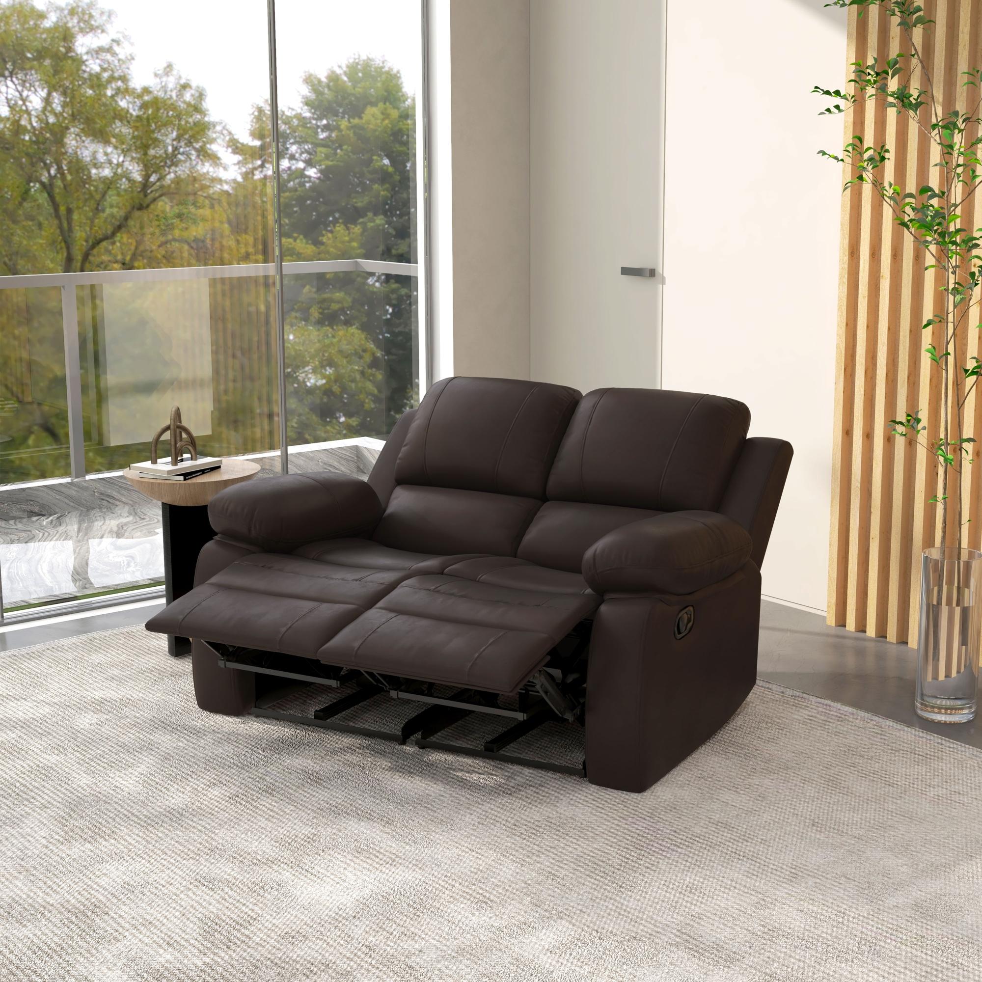 HOMCOM PU Leather Manual Recliner Sofa, Double Reclining Loveseat with Pullback Control Footrest for Living Room, Brown