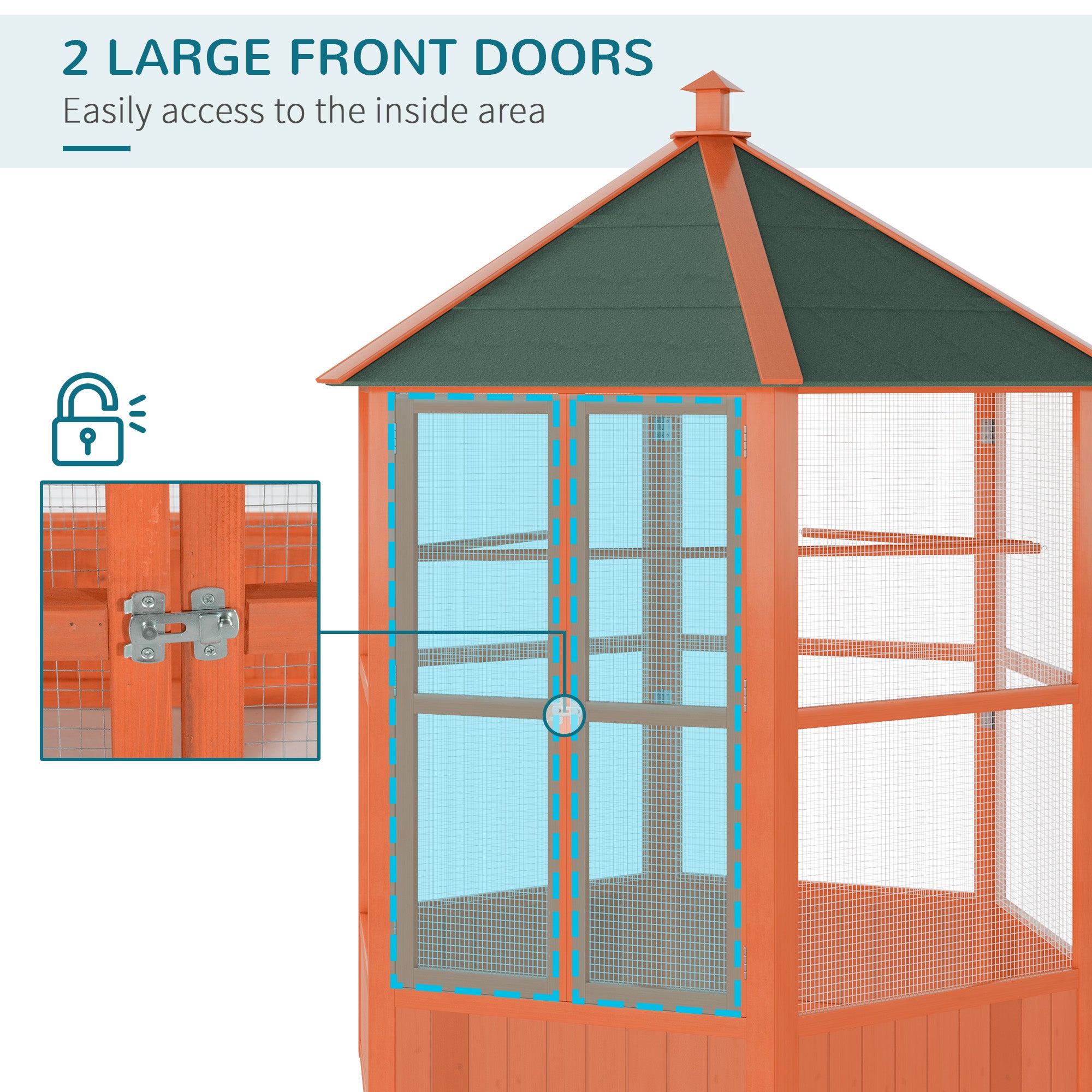 PawHut 70"H Wooden Bird Cage Hexagonal Outdoor Aviary with Doors