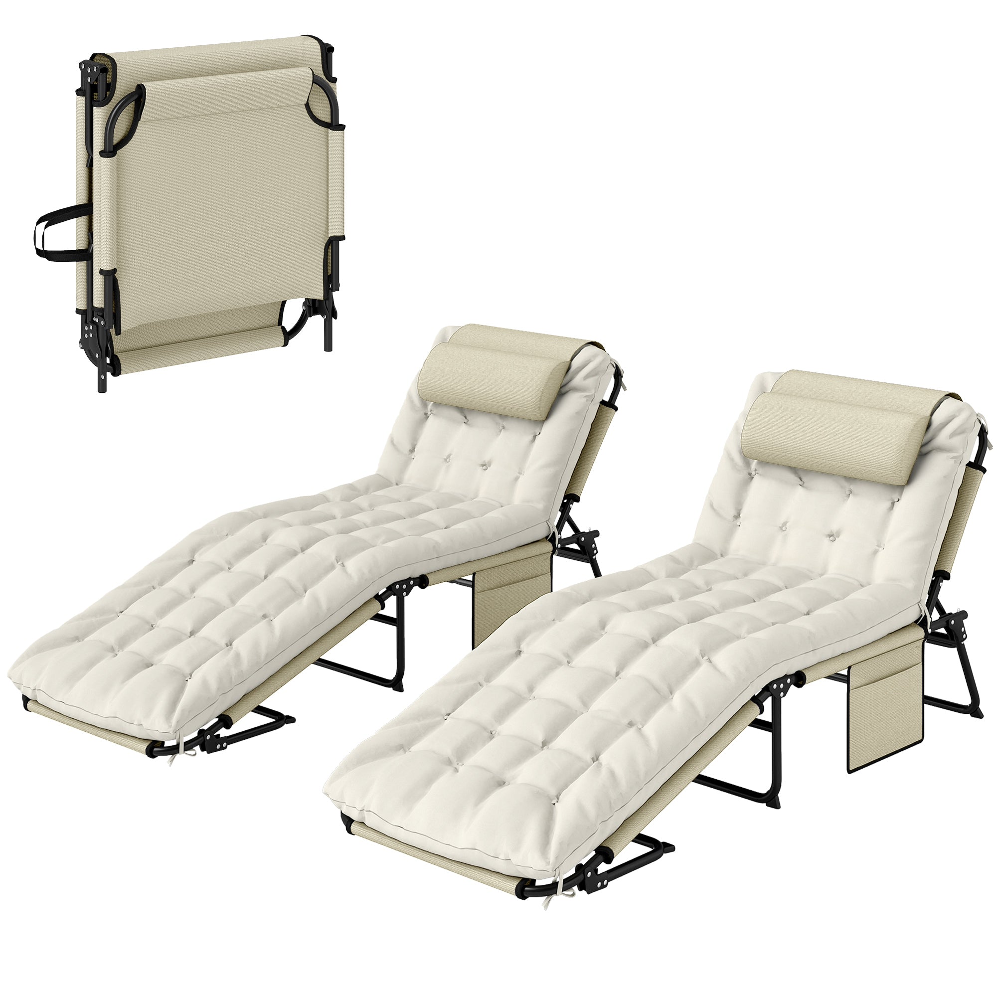 Outsunny 2-Piece Folding Lounge Chairs with Adjustable Backrest, Tanning Chair with Cushion, Side Pocket, Headrest, Beige