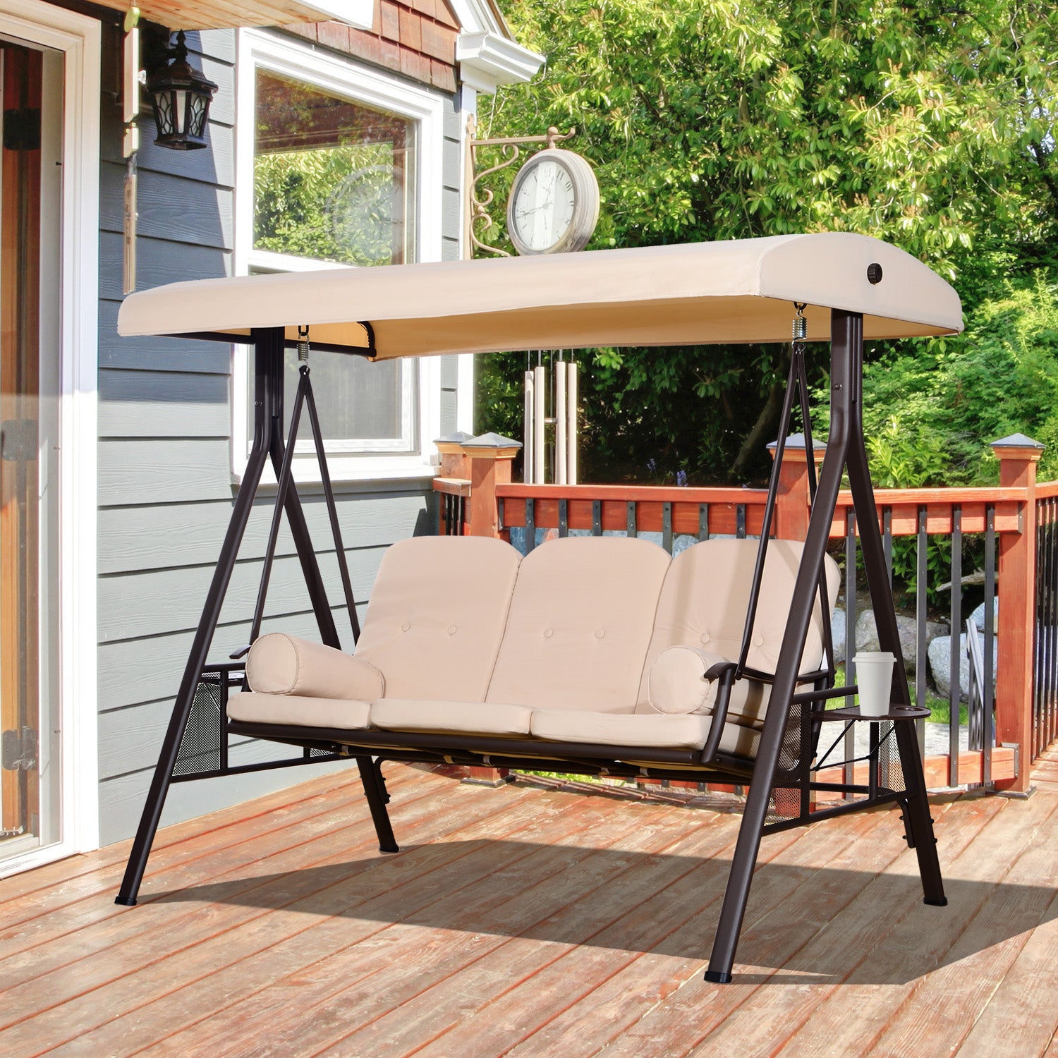 Outsunny 3 Seater Heavy Duty Swing Chair Outdoor Lounge Hammock Cushioned Seat W/ Tilt Canopy, Beige