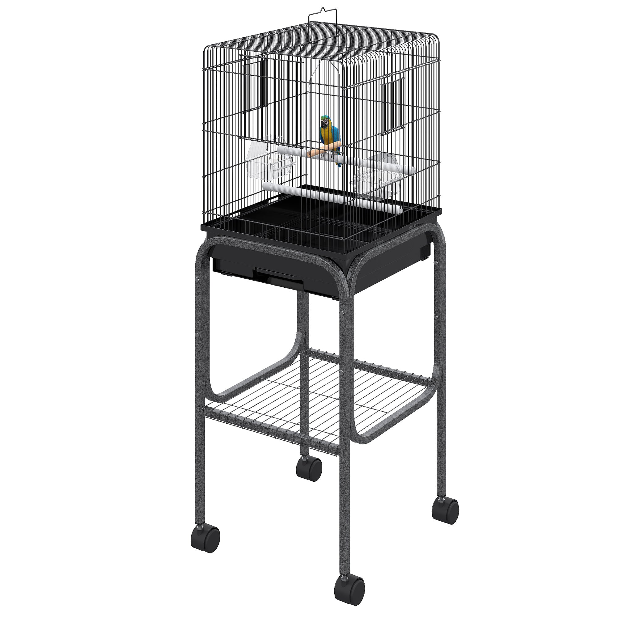 PawHut 44.5"H Metal Bird Cage Parrot Play Spot Stand with Wheel, Storage Shelf, Multi-doors - Black