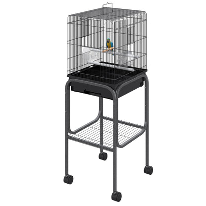 PawHut 44.5"H Metal Bird Cage Parrot Play Spot Stand with Wheel, Storage Shelf, Multi-doors - Black