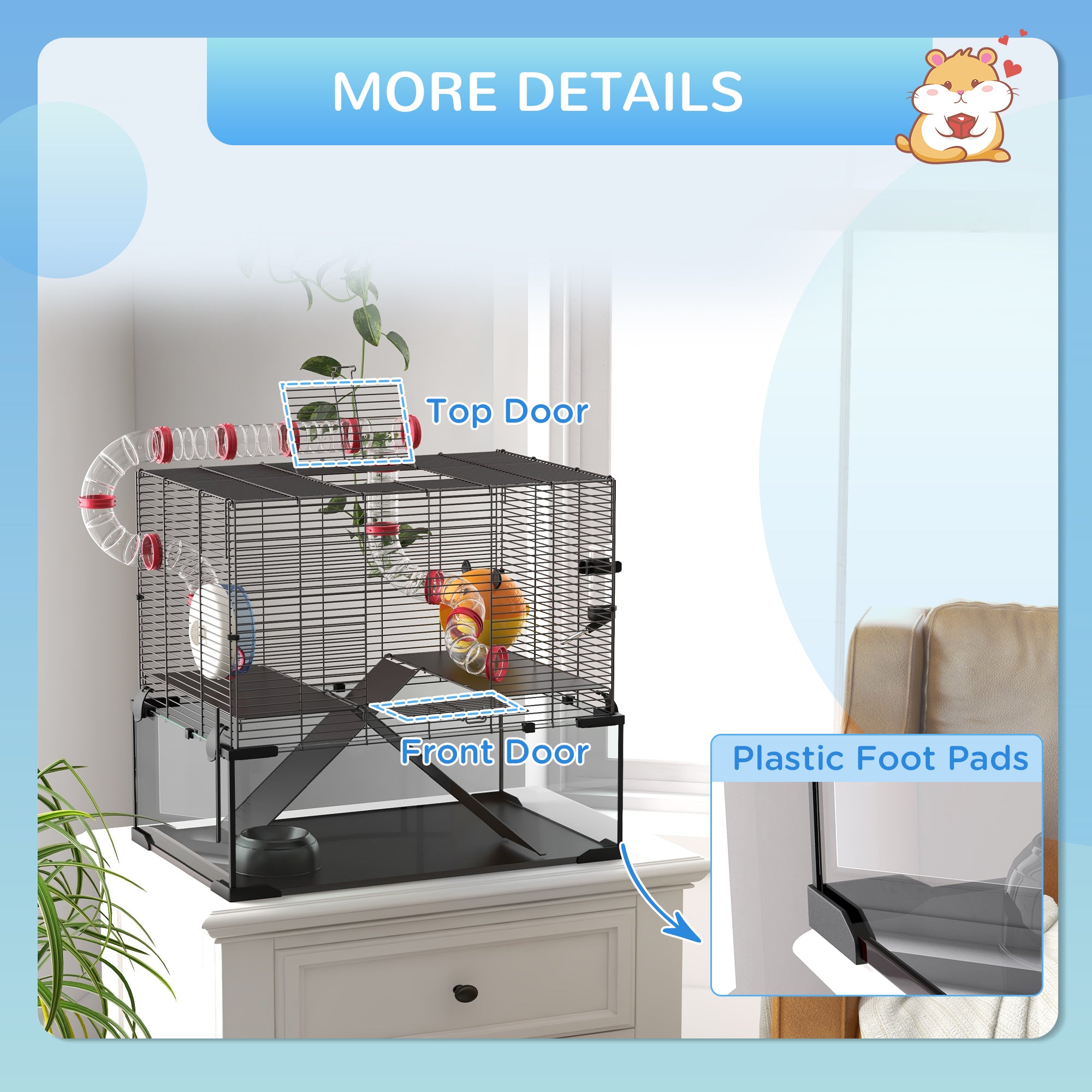 PawHut Hamster Cage with Deep Glass Bottom, Tunnel Tube System, Platforms, Hut, Exercise Wheel, Water Bottle, 24" x 16" x 22"