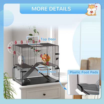 PawHut Hamster Cage with Deep Glass Bottom, Tunnel Tube System, Platforms, Hut, Exercise Wheel, Water Bottle, 24" x 16" x 22"