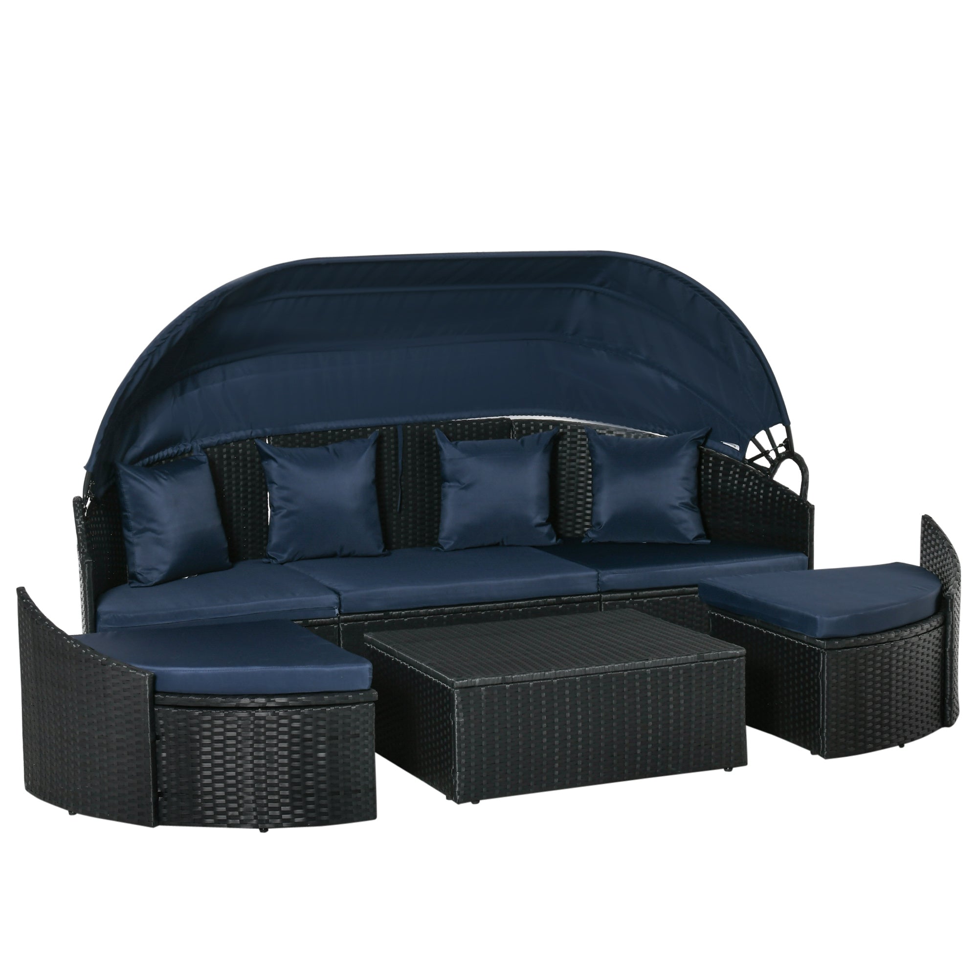 Outsunny 4 Pieces Patio PE Wicker Round Daybed, Outdoor Rattan Garden Lounge Furniture Sets, Dark Blue