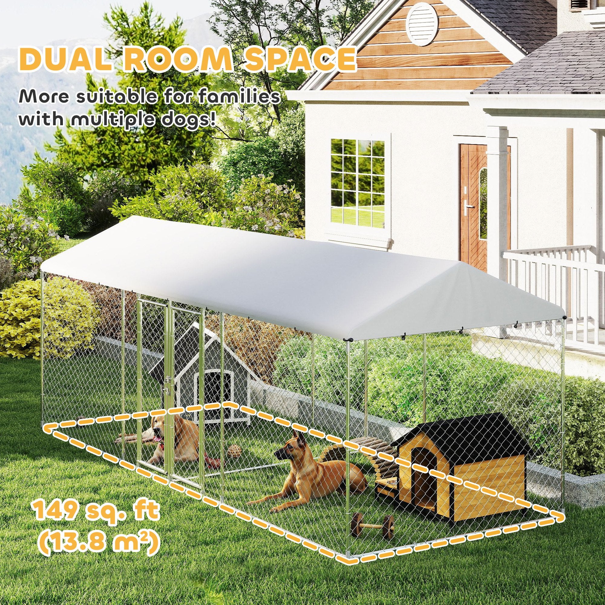 PawHut Outdoor Dog Kennel with Two Rooms, Waterproof UV-Resistant Cover, Escape-Proof Lock, 19.7' x 7.5' x 7.5'