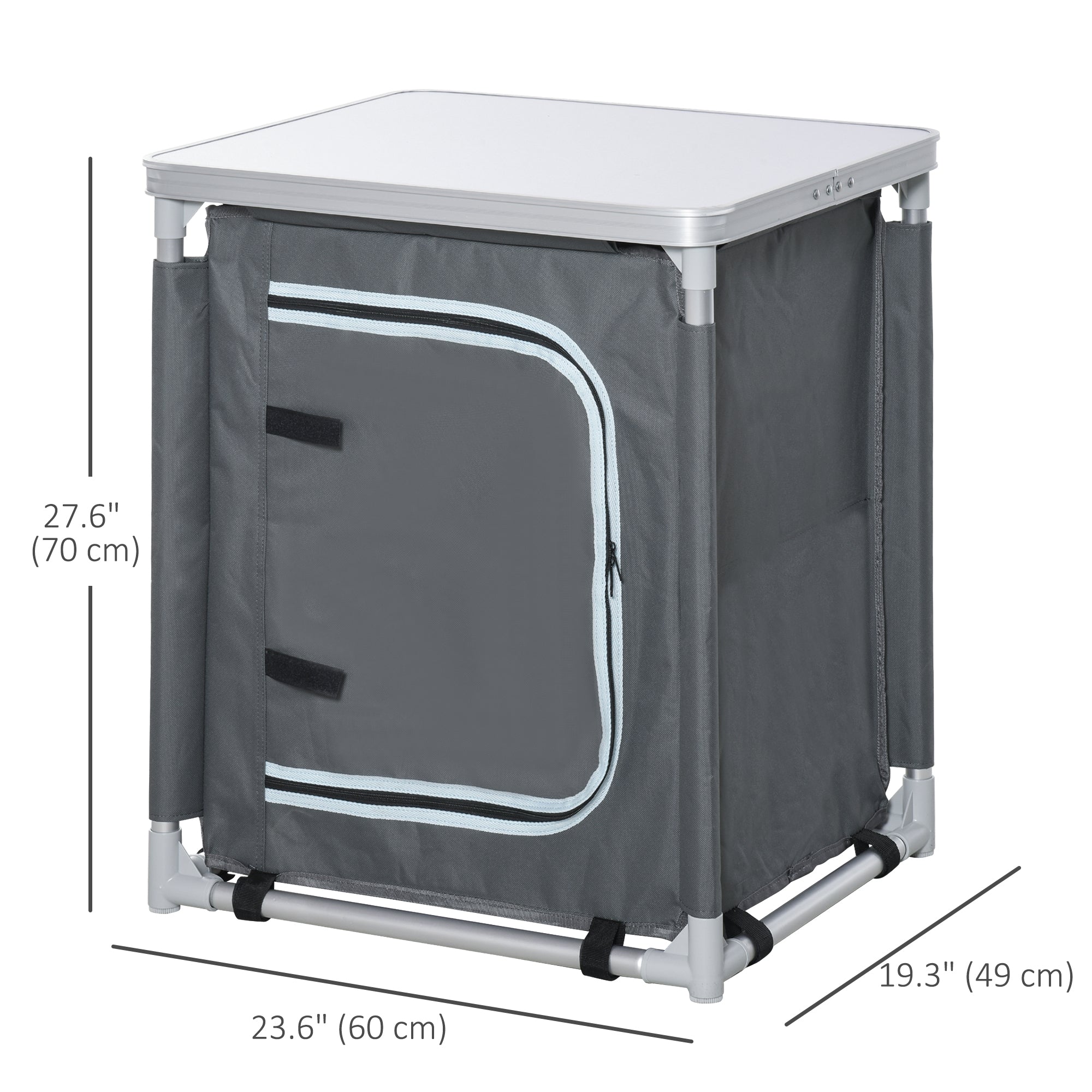Outsunny Camping Kitchen Station, Aluminum Camping Table Cook Cupboard with 2-Shelf and Carrying Bag for BBQ Party Picnics, Grey