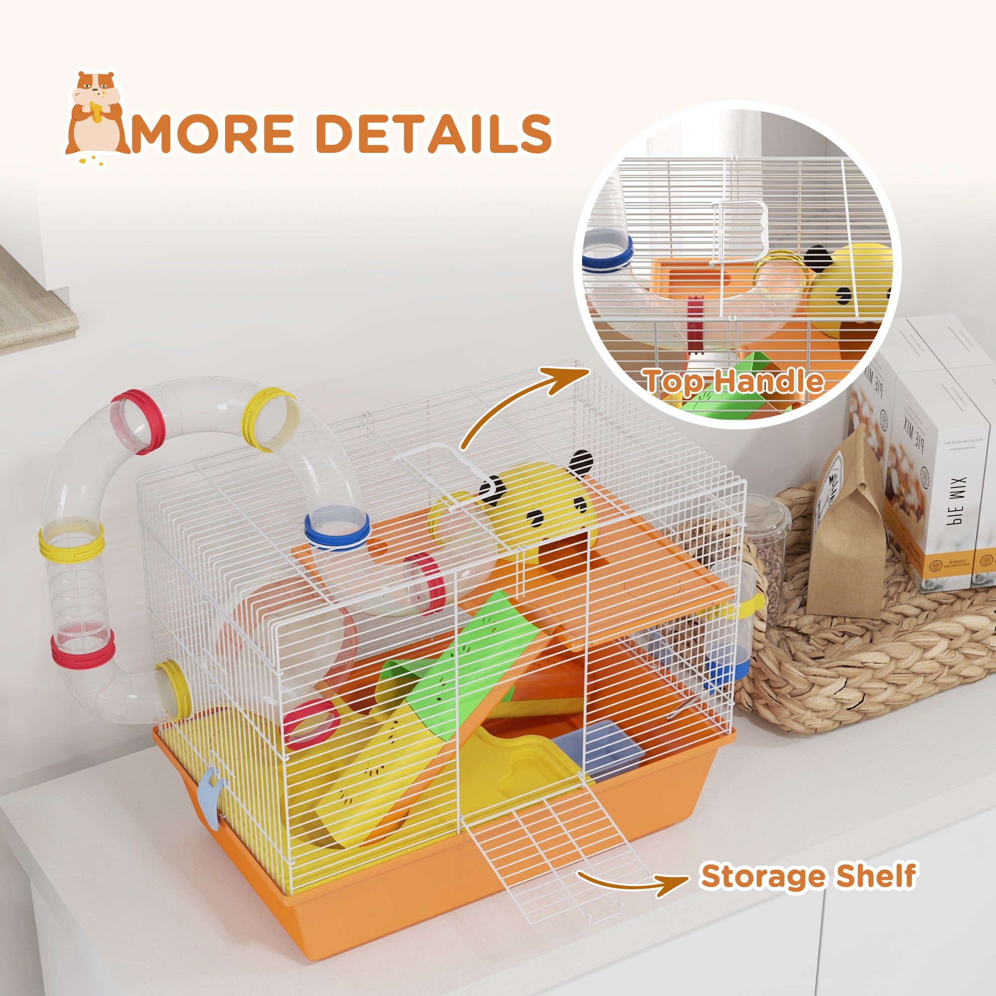 PawHut 3 Tiers Hamster Cage for Gerbil, Dwarf Hamster with Tunnels, Water Bottle, Exercise Wheel, 18" x 11" x 15" - Orange