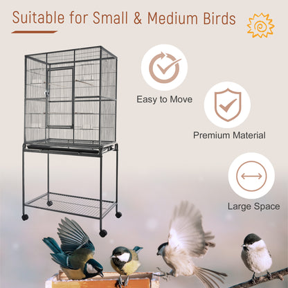 PawHut 30'' Large Rolling Metal Bird Cage Bird House with Detachable Rolling Stand, Storage Shelf, Wood Perch Food Container - Black