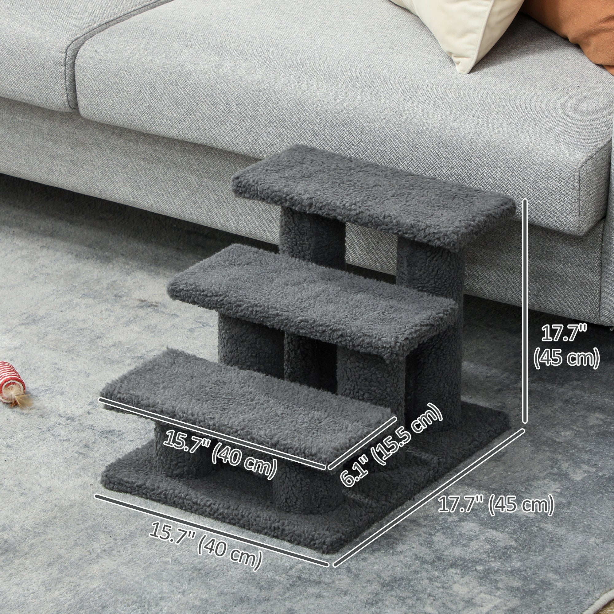 PawHut 18" 3 Tier Pet Stairs Dog Cat Step Scratch Post Furniture,  Dark Grey