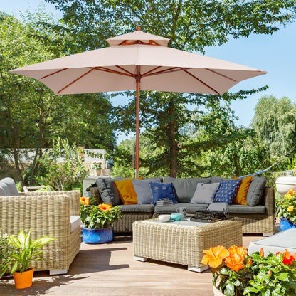 Outsunny 10x10ft Wood Square Patio Umbrella Garden Market Parasol Sunshade Canopy with 2 Pulley Pagoda Style, Khaki