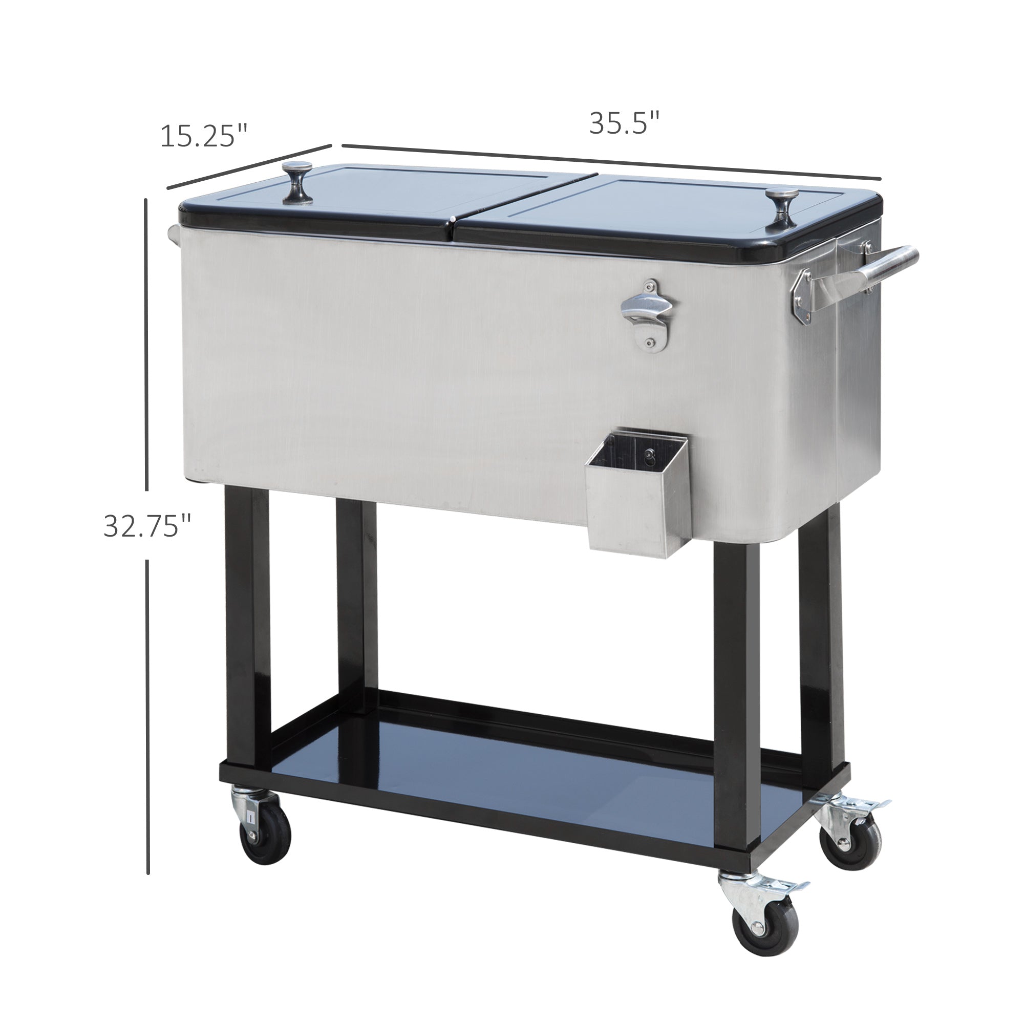 Outsunny 80 Quart Rolling Cooler Cart Portable Patio Ice Beer Beverage Cooling Bin for Outdoor Party w/ Bottle Opener & Storage Shelf Silver
