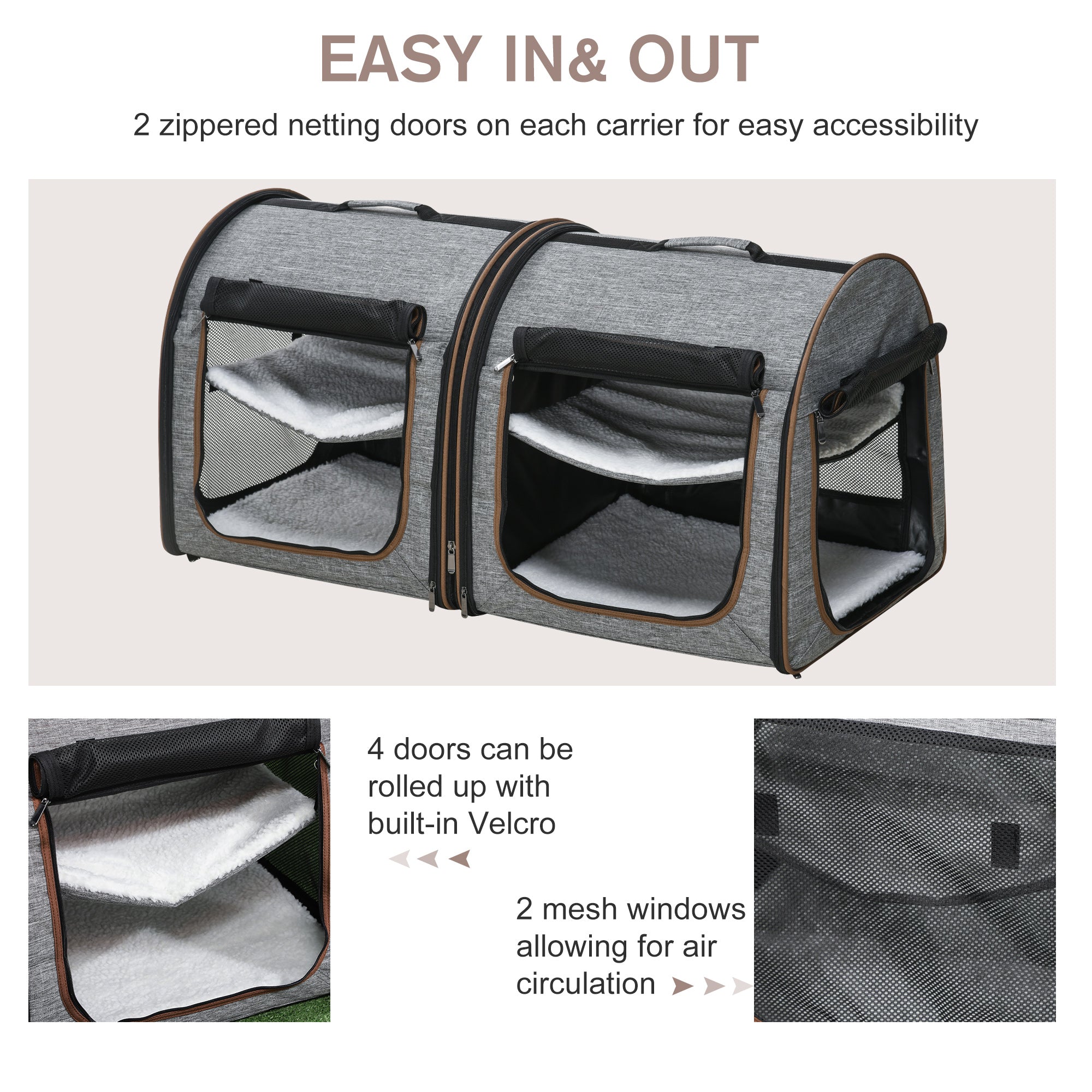 PawHut 39" Travel Pet Carrier, Portable Soft-Sided Cat Carrier with Divider, Two Compartments, Cushions, & Storage Bag, Grey