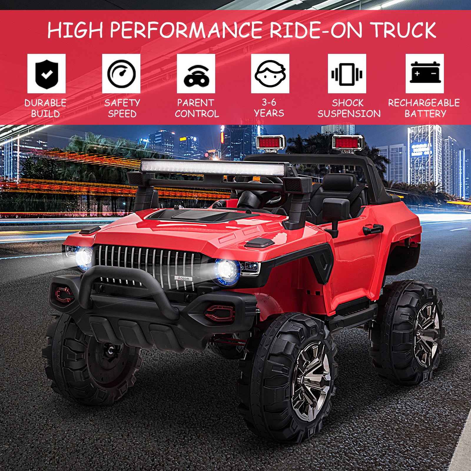 Aosom 2-Seater Kids Ride On Police Car, 12V 7AH Remote Control Police Truck Electric Car for Toddlers with LED Lights, Big Off-road Wheels, 4 Shock Absorbers, MP3, Storage, Red
