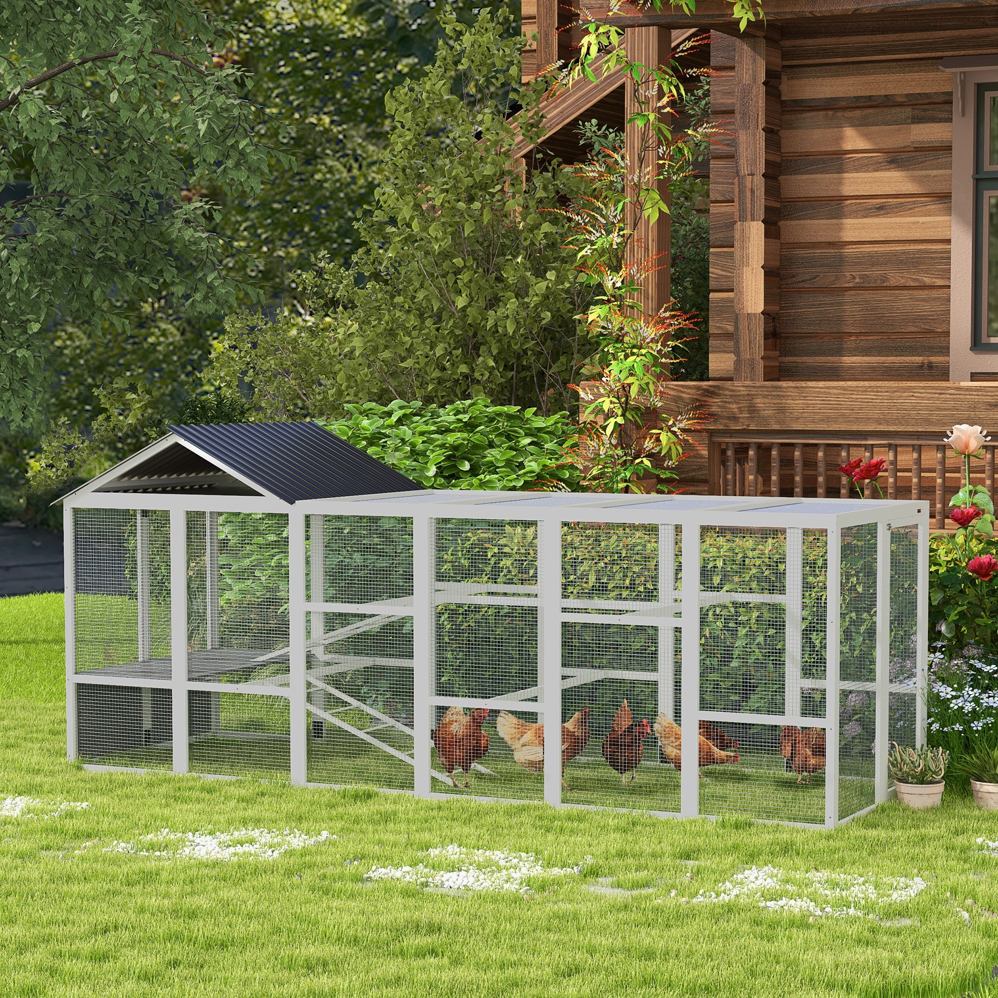 PawHut 142" Outdoor Wooden Chicken Coop with Run, Ramps, Perches, Storage, Combinable Design for 6 - 10 Chickens, Grey