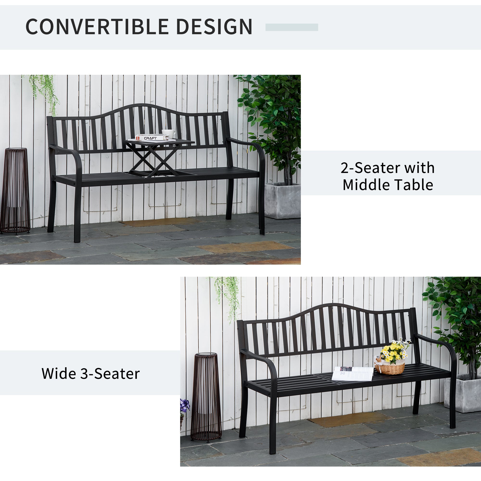 Outsunny Metal Outdoor Bench with Liftable Middle Table, Patio Loveseat, Garden Bench for Lawn, Porch, Seats 2–3 People, Black