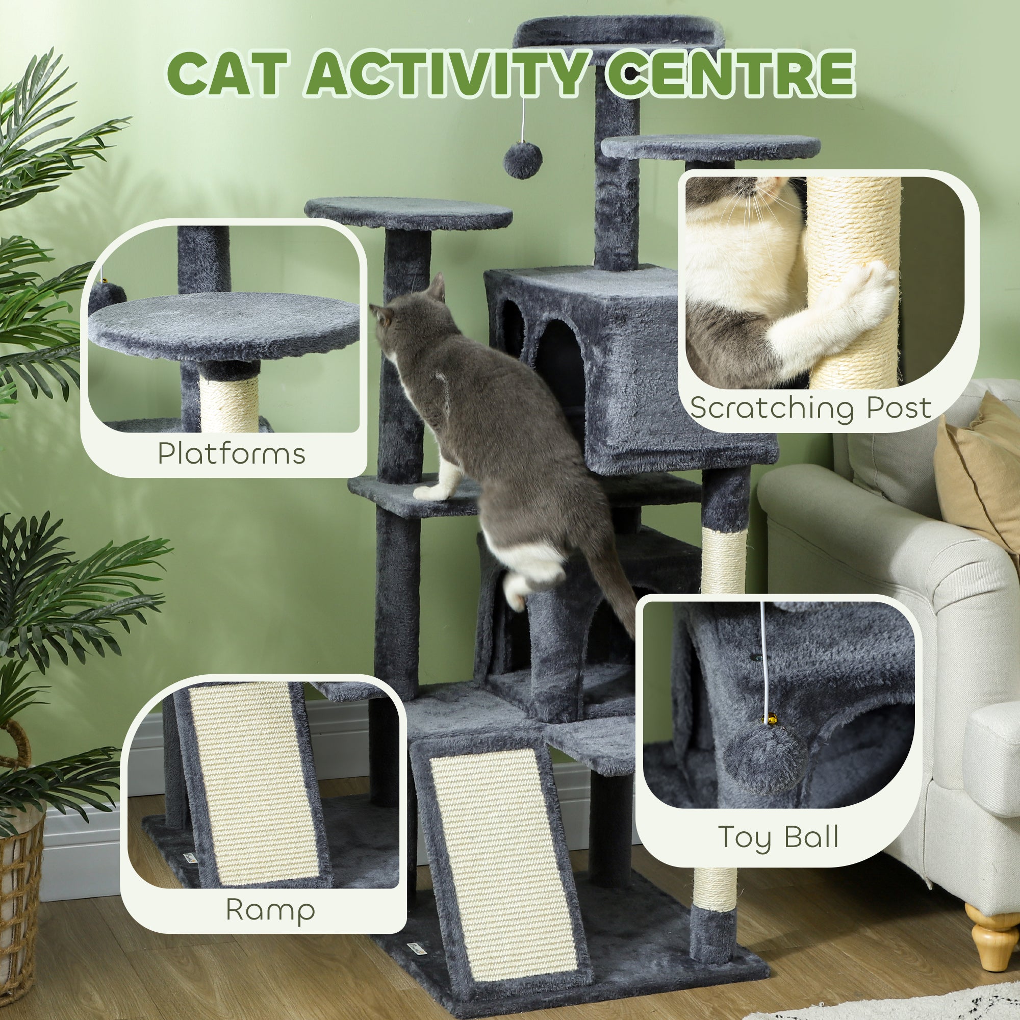 PawHut 54" Cat Tree, Multi-Level Cat Tower with Scratching Posts, Cat Condos, Bed, Platforms, Ramp, Toy Ball, Dark Grey