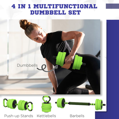 Soozier 44lbs 4-in-1 Adjustable Weight Dumbbell Set, Barbell, Kettlebell, Push Up Stand, Green
