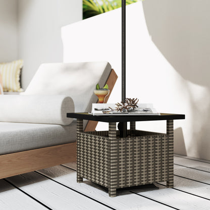 Outsunny 22" Square Steel PE Rattan Wicker Table With Umbrella Hole, Outdoor Patio Accent Dining Side Table Used as Umbrella Stand, Mixed-Grey