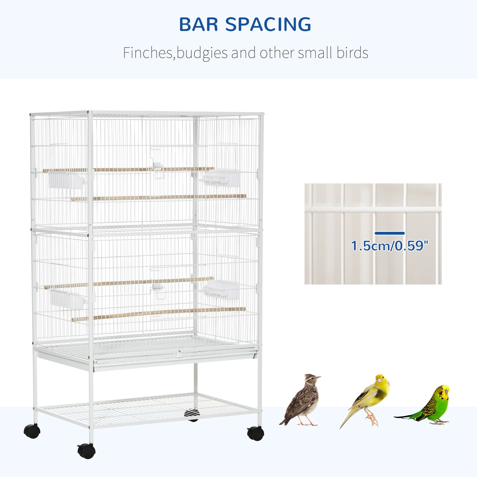 PawHut 52" Large Rolling Steel Bird Cage Bird House with Rolling Stand, Storage Shelf, Wood Perch, Food Container, White