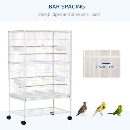 PawHut 52" Large Rolling Steel Bird Cage Bird House with Rolling Stand, Storage Shelf, Wood Perch, Food Container, White