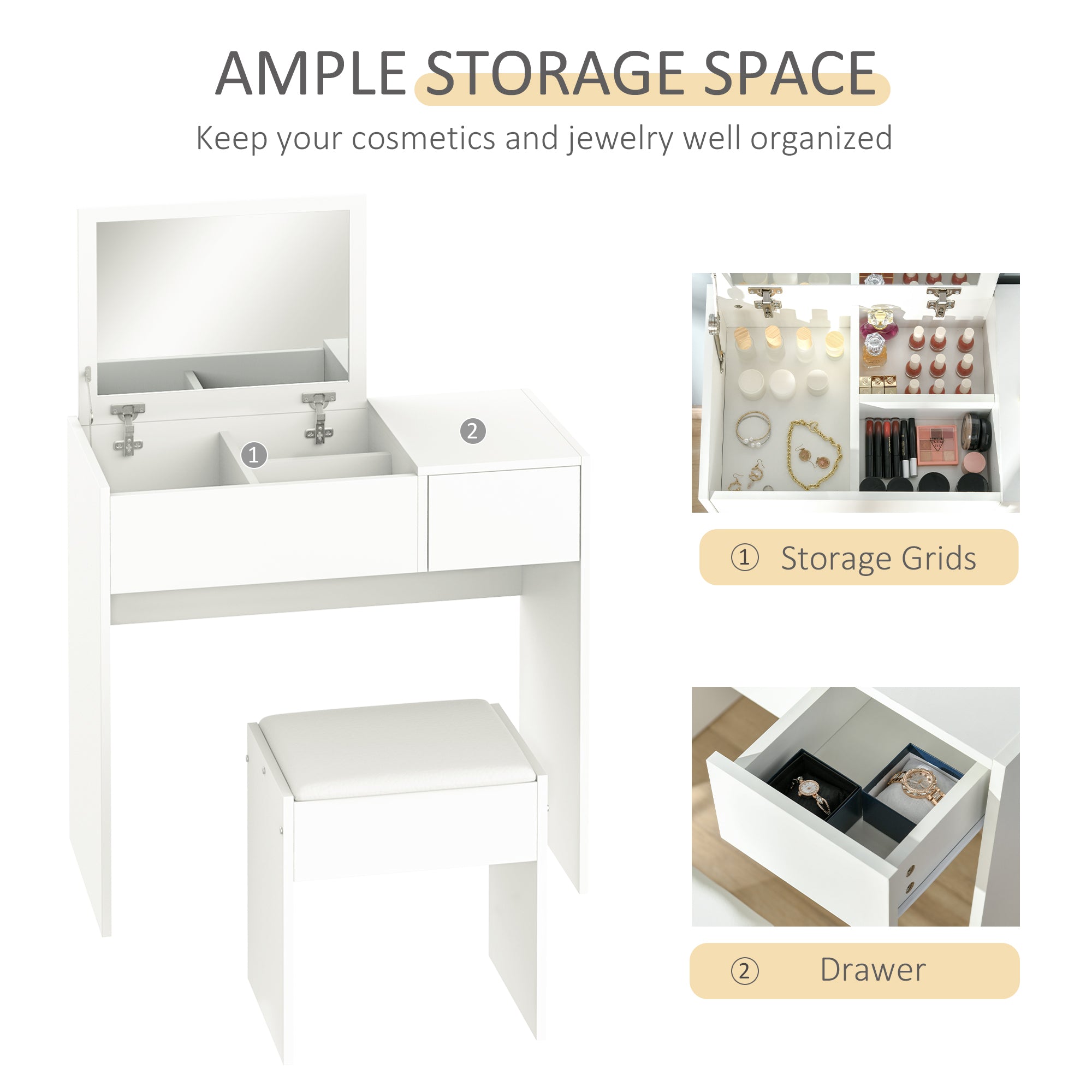 HOMCOM Modern Vanity Set with Flip Top Mirror and Cushioned Stool, Dressing Table with Storage Drawer for Bedroom, White