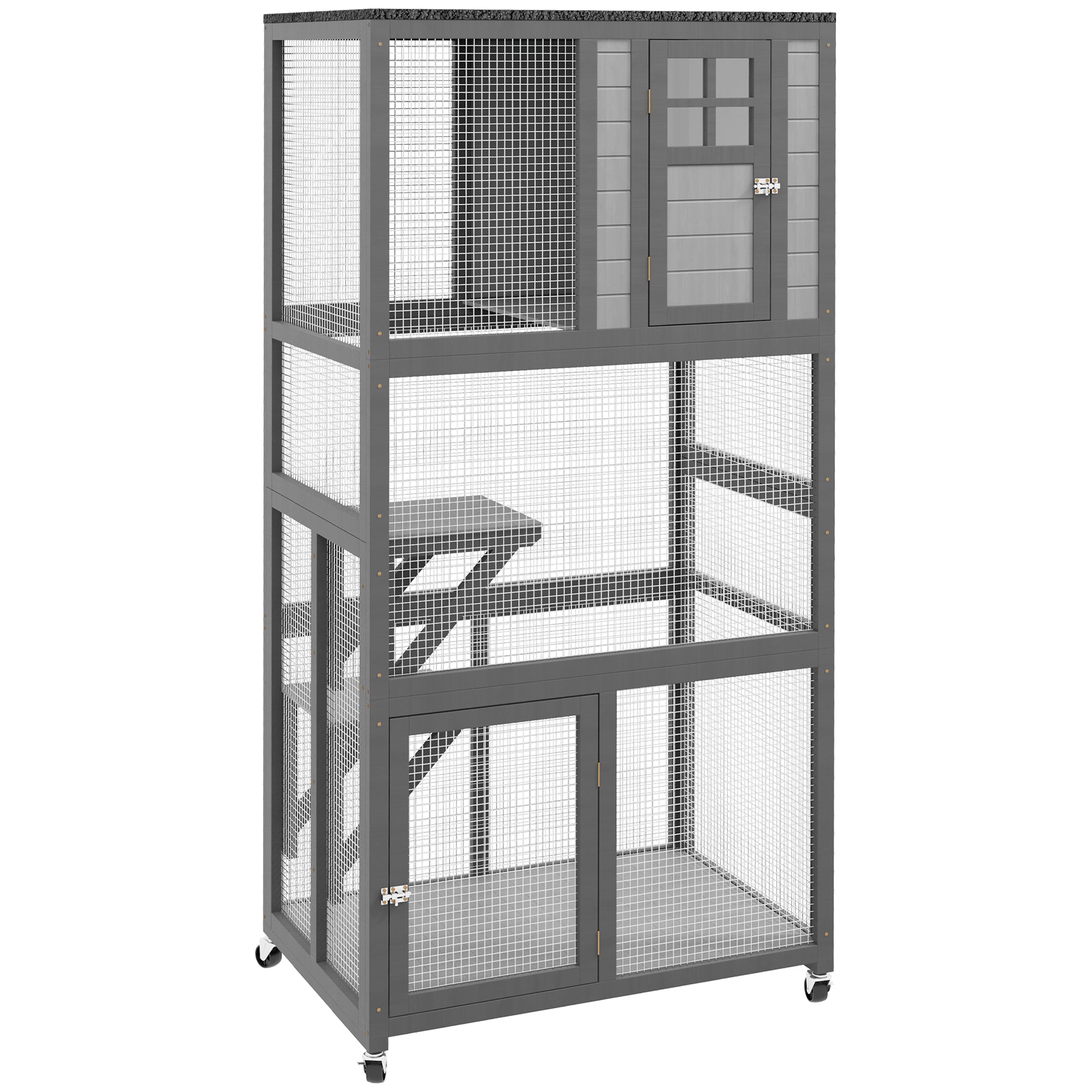 PawHut 74" Wooden Outdoor Cat House Weatherproof & Wheeled with High Weight Capacity, Kitten Cage Condo, Light Grey