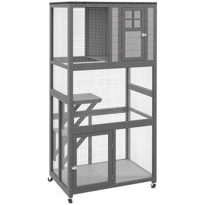 PawHut 74" Wooden Outdoor Cat House Weatherproof & Wheeled with High Weight Capacity, Kitten Cage Condo, Light Grey