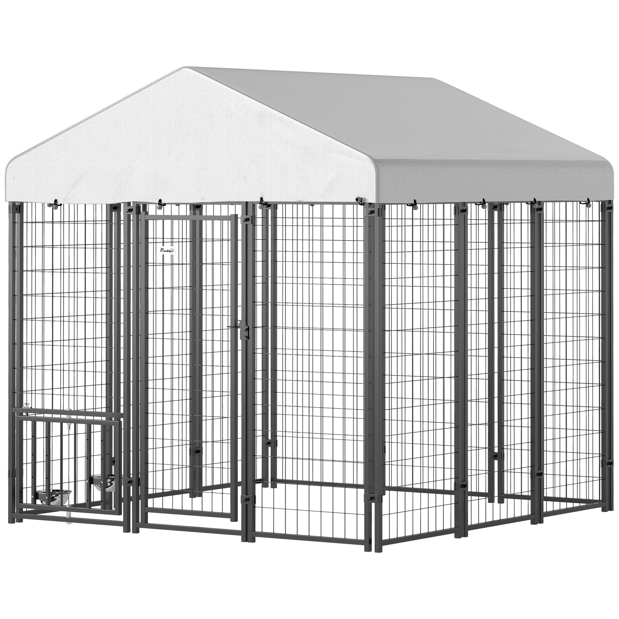 PawHut Outdoor Dog Kennel with Waterproof UV-Resistant Cover, Rotating & 4-Level Adjustable Feeding Bowls, 5.9 x 5.9 x 6 ft