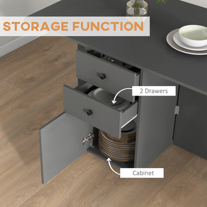 HOMCOM Extendable Dining Table, Drop Leaf Table with 2 Drawers, Cabinet and 6 Wheels for Small Spaces, Kitchen, Grey