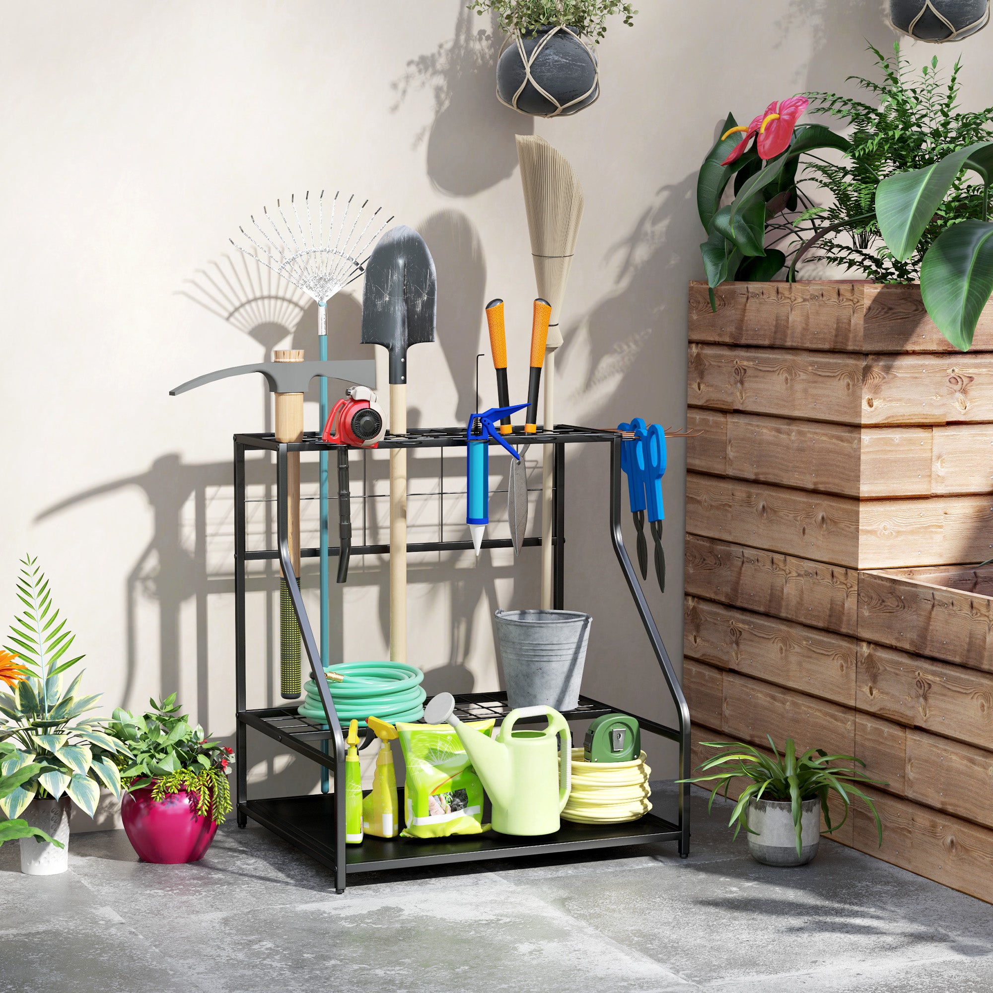 Outsunny 3-Tier Yard Tool Tower Rack, Garden Tool Organizer with Hooks for Long-Handled Rakes, Shovel, Broom, Orange
