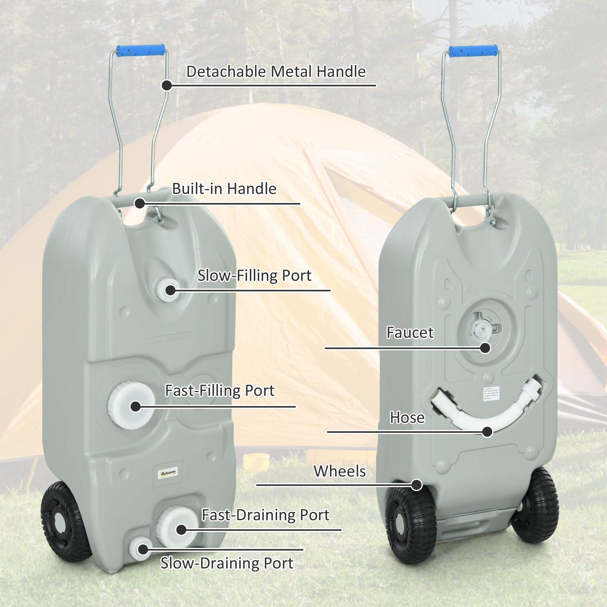 Outsunny 10.6 Gallon Portable RV Water Tank, Black or Grey Water Storage Tank, with Filling Ports, Handles and Wheels