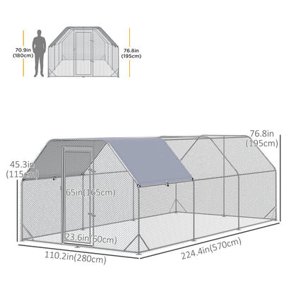 PawHut Chicken Run, Galvanized Large Metal Chicken Coop Cage, Walk-in Enclosure Poultry Hen Run House Playpen Rabbit Hutch with Flat Roof, Cover, for Outdoor Backyard, 9.2' x 18.7' x 6.5', Silver
