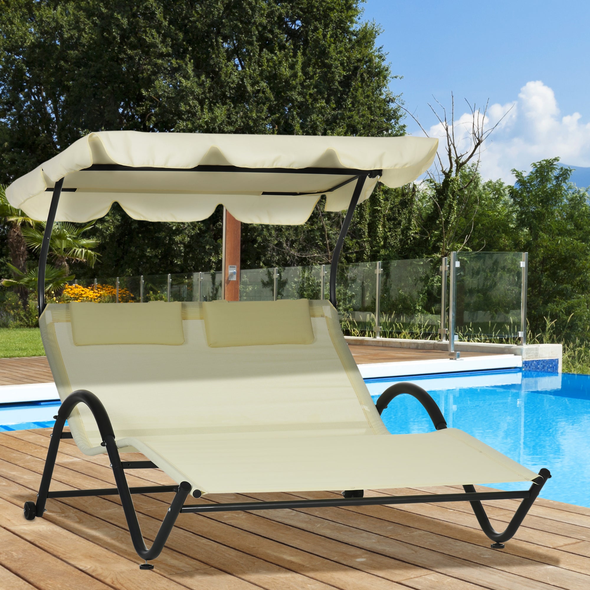 Outsunny Outdoor Patio Chaise Lounge Chair, Patio Sun Lounger w/ Sunshade Roof, for Two People with Wheels and Breathable Sling Mesh Bed, Pillows, Beige