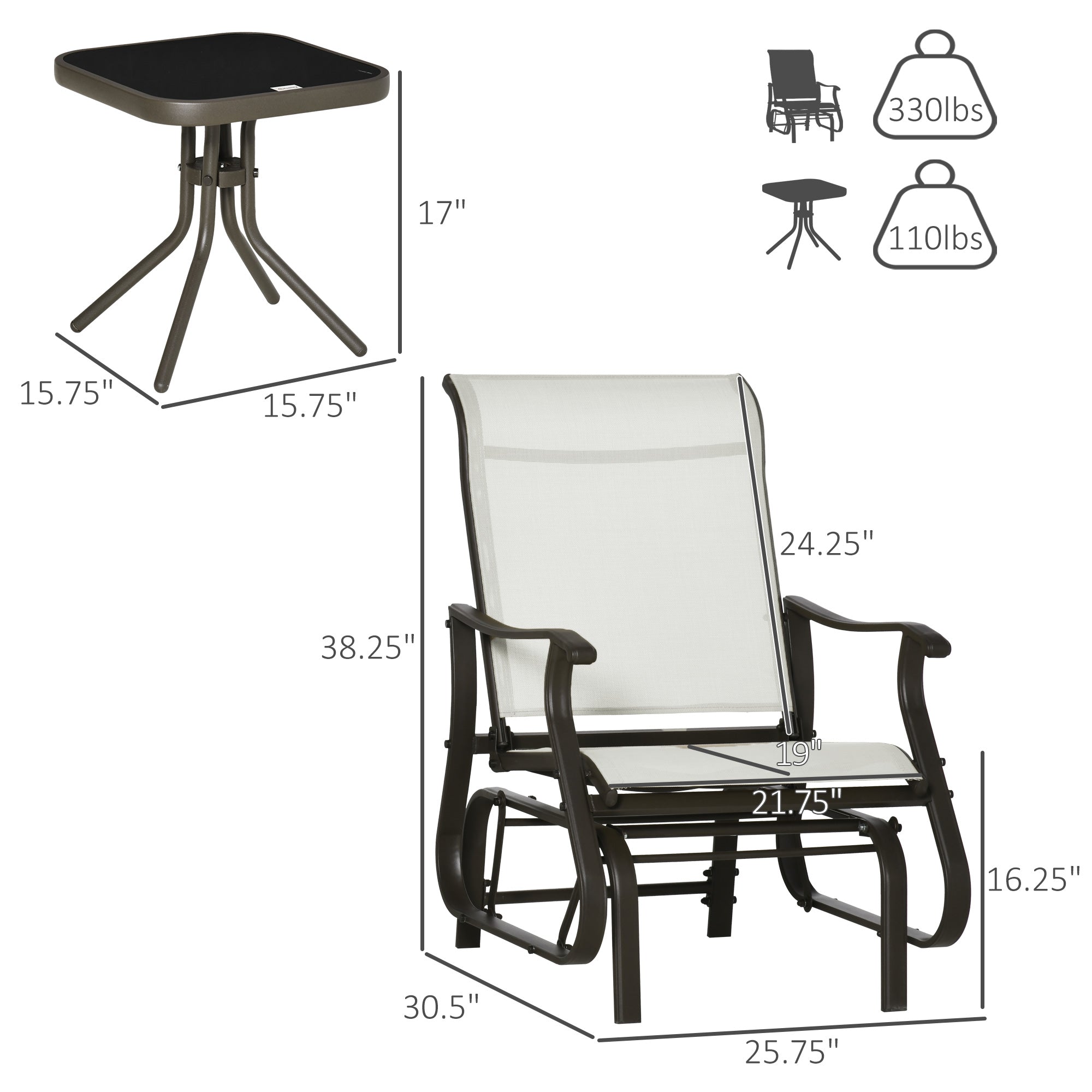Outsunny 3PCs Gliding Rocking Chair & Bistro Tea Table Set, Cream White