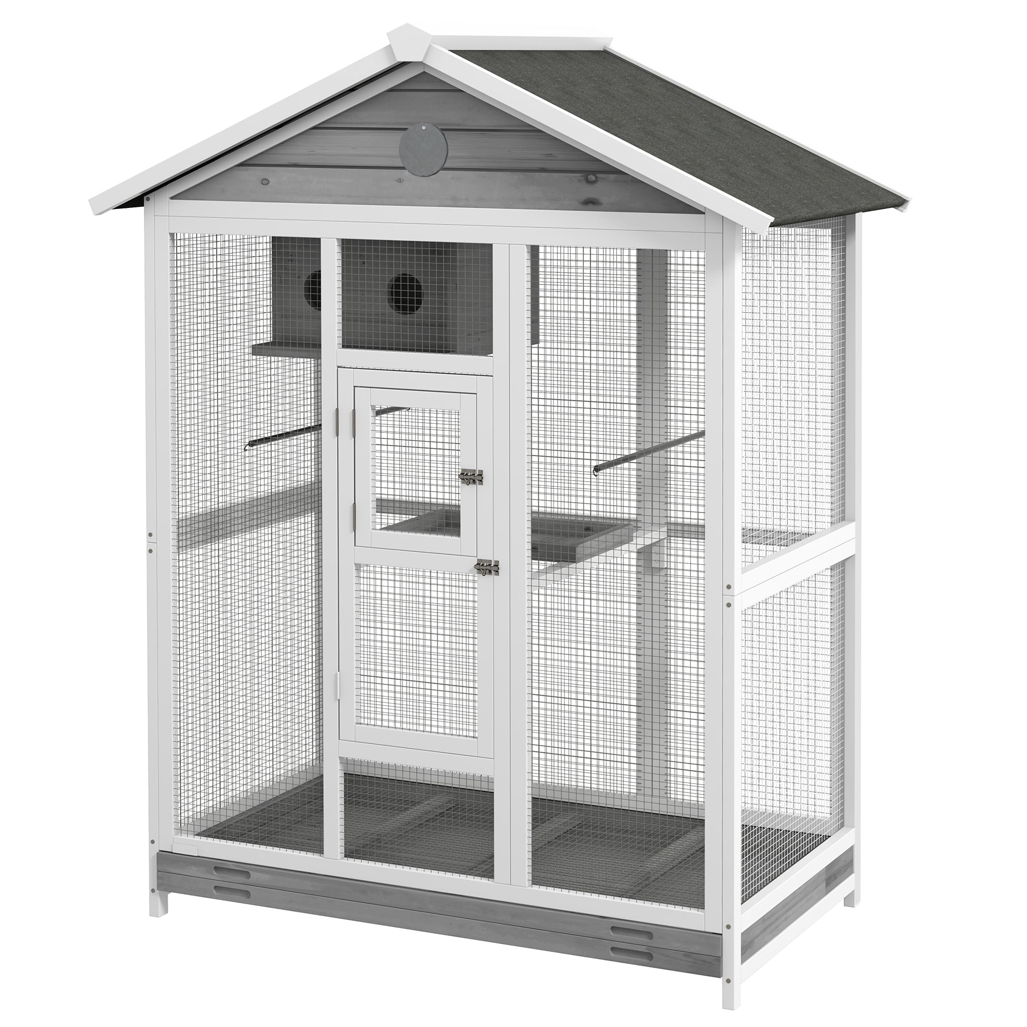 PawHut 65" Bird Cage Large 2 Doors Wooden Aviary for Canary with Standing Pole Nest Slide-out Tray, for Indoor Outdoor, Grey