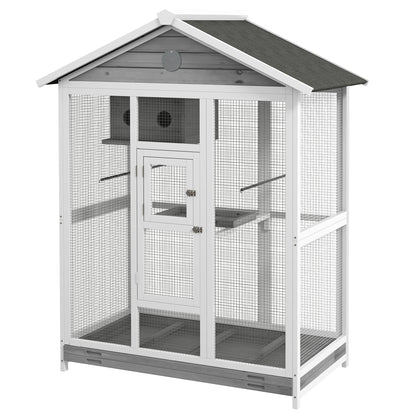PawHut 65" Bird Cage Large 2 Doors Wooden Aviary for Canary with Standing Pole Nest Slide-out Tray, for Indoor Outdoor, Grey