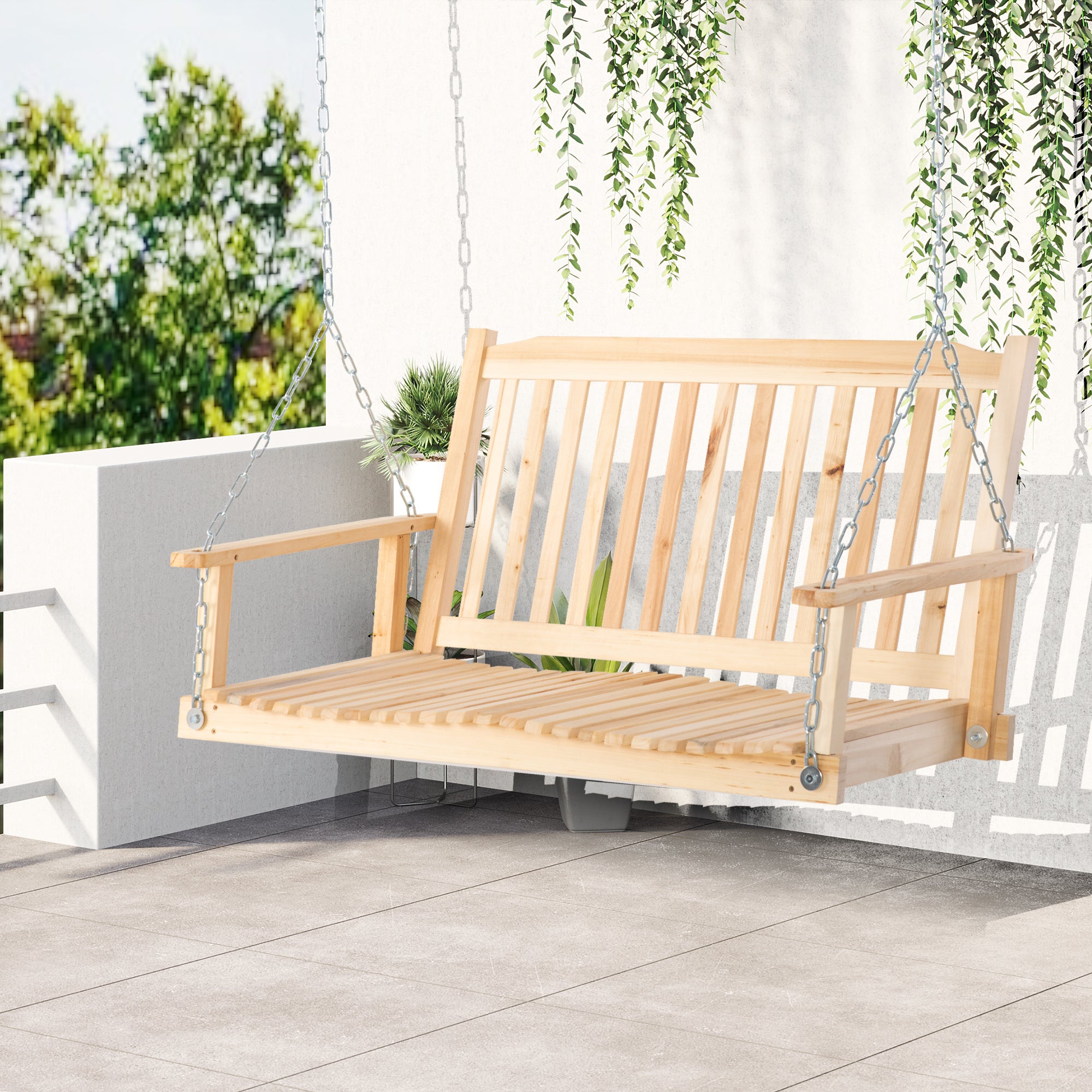 Outsunny 2-People Porch Swing Bench, Patio Swing Chair with 2 Adjustable Hanging Chains for Deck, Garden, Backyard, Natural