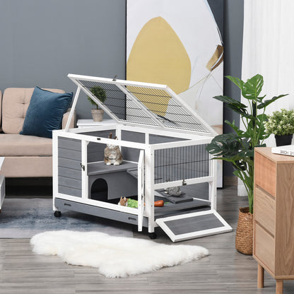 PawHut Wooden Rabbit Hutch Pet House Elevated Bunny Cage Small Animal Habitat with Slide-out Tray Lockable Door Openable Top for Indoor 40.25" x 23.5" x 25" Grey
