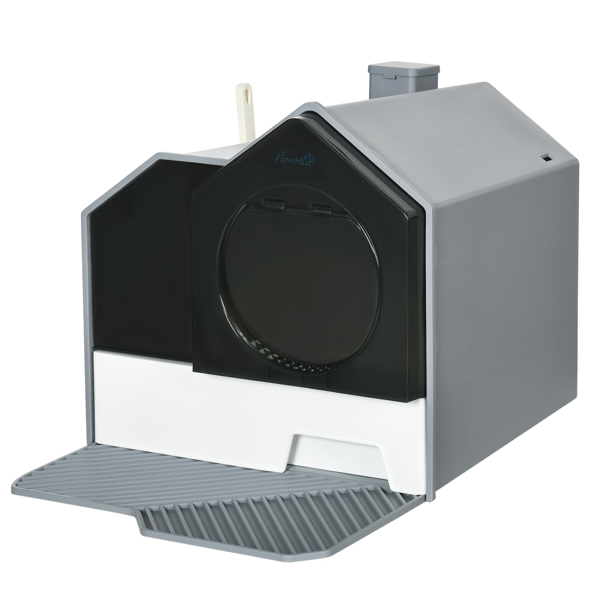 PawHut Hooded Cat Litter Box with Lid, Pull-Out Drawer, Handle, Scoop, Deodorizer Packs for Odor Control & Easy-Clean, Grey